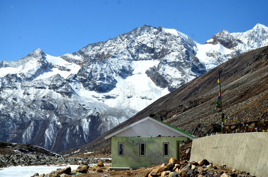 Panoramic landscape view of beautiful snowcapped Zero Point, or Yumesamdong, and distant Himalayan peaks. ZERO POINT SIKKIM (Yumesadong) is situated at an elevation of 15,3000ft.