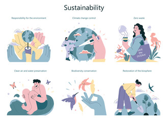 Sustainability concept set. Environmental protection and social responsibility.