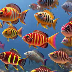 Sea fishes cartoon illustration. Tropical ocean reef or home aquarium exotic fishes,  Created using generative AI tools. Generative AI, Generative, AI