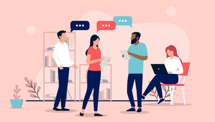 Office people conversation - Team of four standing at work talking and having dialogue while working. Flat design vector illustration