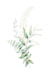 Watercolor floral bouquet with green eucalyptus leaves.