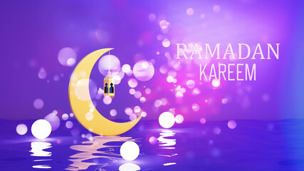 Purple banner with moon and lantern for Muslim Holidays and Ramadan 3d rendering