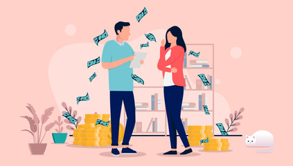 Couple finances - Man and woman standing in living room at home discussing money and economic. Flat design vector illustration