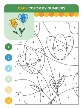 Number coloring game for children, Blossom flowers, spring children game