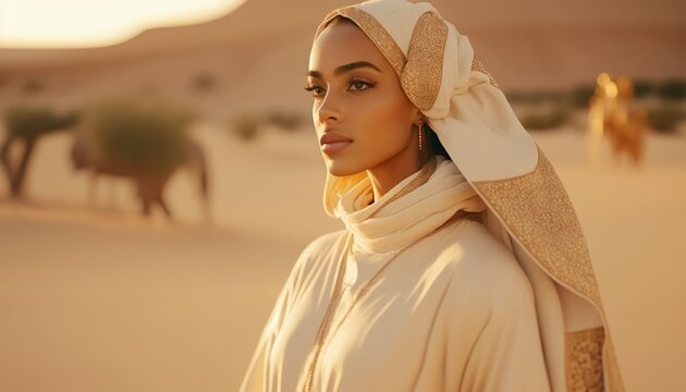 portrait of a middle eastern female model in Muslim clothes and a hijab or turban, Generative AI