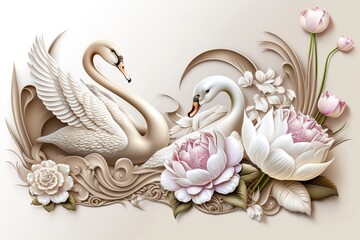 3D wallpaper swan and butterfly and flower most beautiful on white background. Generative AI