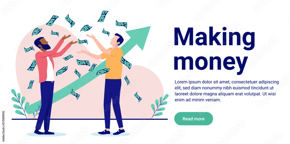 Poster making money - two businessmen in casual clothes getting rich in front of rising green arrow showing