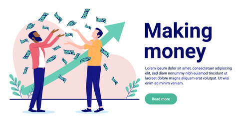 Making money - Two businessmen in casual clothes getting rich in front of rising green arrow showing financial growth. Flat design vector illustration with white background