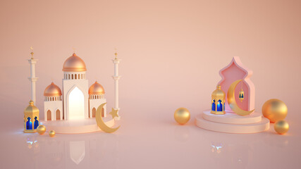 Ramadan kareem 3d rendering with Turkish traditional lantern and Mosque on pink background