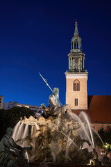 Neptune Fountain And St. Mary Church In Berlin, Germany - 575899163