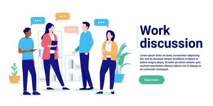 Work discussion - Team of businesspeople in casual clothing talking, communicating and having dialogue in office. Flat design vector illustration with copy space and white background