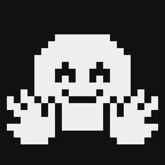 Smiling face with open hands, smiling emoticon, emoji, smiley. Pixel art style. Funny cartoon character. Web icon. Facial expression. 1-bit style. Isolated abstract vector 