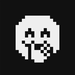 face with hand over mouth emoji. Smile icon. Pixel art flat style. Show the language of emotion. Tease emotions. Cartoon style. 1-bit. Isolated abstract vector illustration.