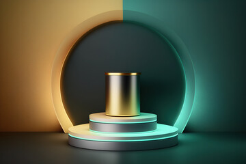 Realistic 3D cylinder with a colorful neon light podium for product display. Generative AI