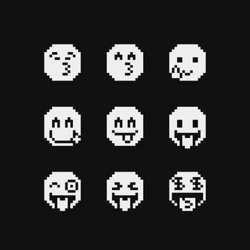 Characters emoji, smiley face, emoticon with various emotions cute faces, pixel art style 1-bit icons set.  Isolated vector illustrations.