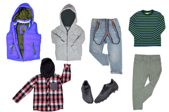 Collage set of boys spring winter clothes isolated. Male kids apparel collection. Child boy fashion clothing outfit. Colorful stylish jeans, sweater, pants, jackets, shoes wearing.
