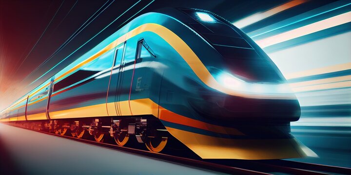 Futuristic train motion blur. Tunnel motion blur. Illustration of speed, speed light rays. Generative AI