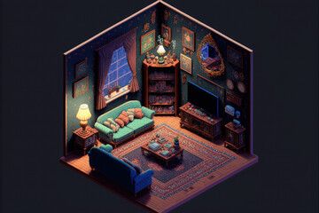 Isometric living room interior. The cozy interior in old English Victorian style. Generative AI illustration.