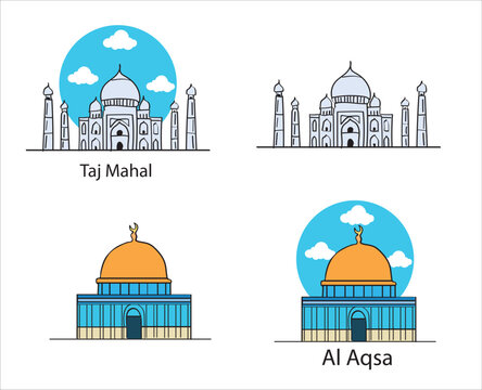 Taj mahal and al aqsa mosque hand drawing vector illustration.