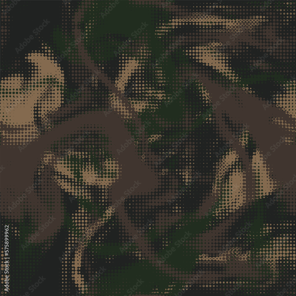 Poster Vector digital camouflage. Grunge halftone dots design style for clothing print. Seamless wave camo pattern. Military urban texture in dots shape. Dark khaki green colors background