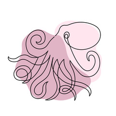Octopus drawn in one line on white with pink spots of paint. Underwater animal. Design for logo, tattoo.