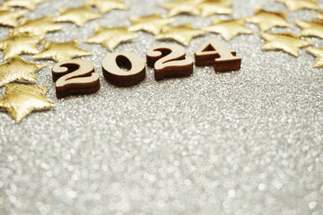 Happy New year 2024 with space copy on silver glitter background