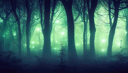 Enchanting Night Fairy Forest with Lights, Fog, and Moonlight - Captivating and Unusual Atmosphere | Generative AI