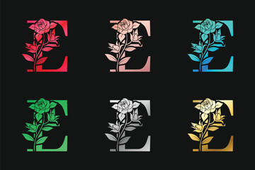Alphabet Letter E With Floral Design And Leaves Vector Design