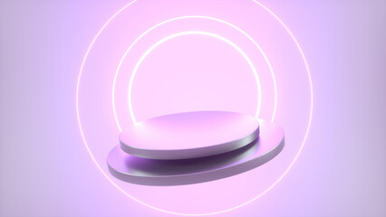 A soft purple 3d background with a podium and neon circles. 3d illustration