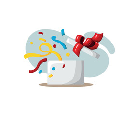 Open gift box with confetti. Flat style illustration