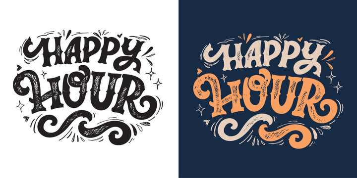 Happy hour - cute hand drawn sale banner lettering art. Sale web background.