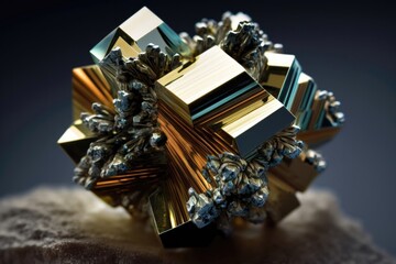 Pyrite or iron pyrite or fool's gold. Iron disulfide mineral. Macro zoom. Generative AI