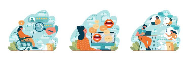 Discrimination set. Bias in society, different people inequality. Public