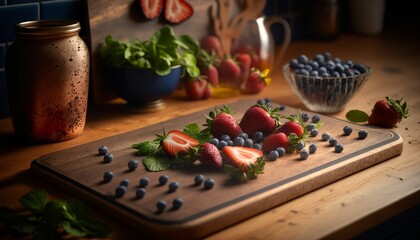 Strawberries and berries on a wooden board