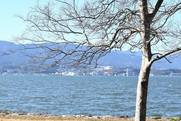 冬の琵琶湖と比叡山遠景