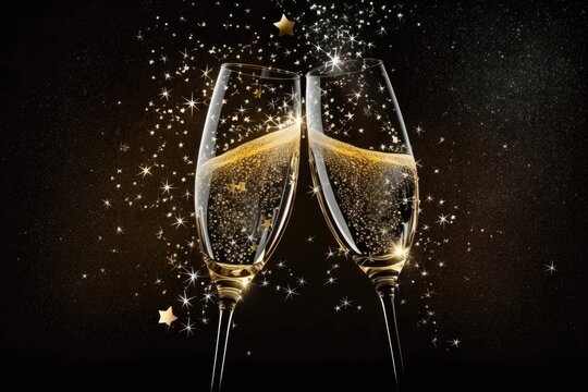 Two champagne glasses with champagne and sparkling stars. Generative AI