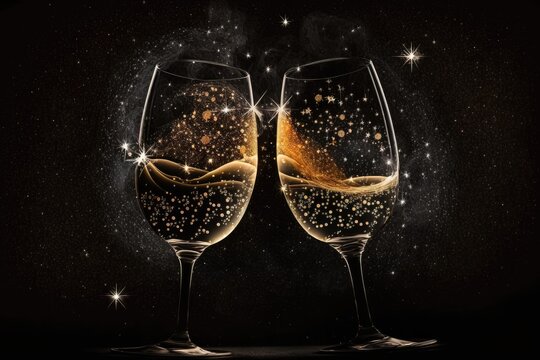 Two champagne glasses with champagne and sparkling stars. Generative AI