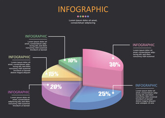 A circular infographic with 5 sections showing height and percentage percentages in beautiful colors placed on a black and white background. Use it for education, business and finance presentations.