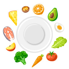 Illustration of plate with food. Healthy eating and diet meal. Fruits, vegetables and proteins for proper nutrition.