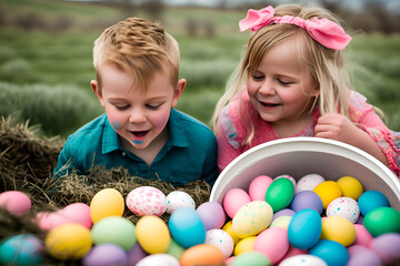 Playful and colorful photograph capturing Easter spirit of adventure and excitement, featuring a young girl and boy searching for hidden eggs with their baskets overflowing with colorful treasures. AI