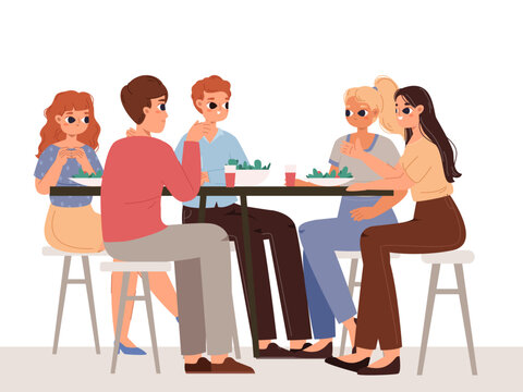 Friends eating and drinking together, happy teens talking sitting on table. Young adults friendship, student dinner or lunch meeting vector cartoon scene