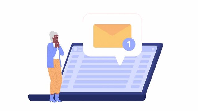 Animated messenger in laptop. Surprised elderly woman getting new email letter. 2D cartoon flat character 4K video footage on white with alpha channel transparency. Concept animation for web design