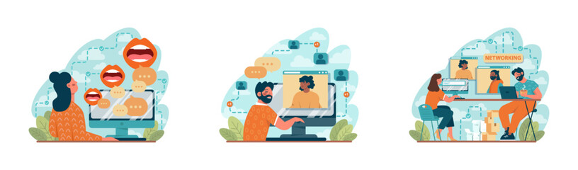 Networking concept set. Employees collaboration, establishment of