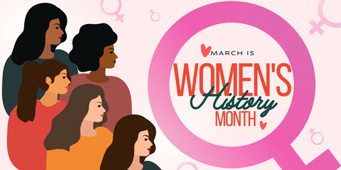 Women's history month. March. Illustration. Multi-ethnic. Different ethnicity of women - Caucasian, African, and European. 