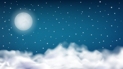 Realistic night sky with moon and stars. Cloudy fog, starry horizontal and moonlight at evening. Magical dreams vector background