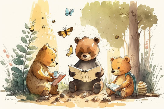 Bear was in the forest with bees reading and studying a book on honey, generative AI