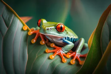 Fotobehang Close up of a dart frog (Dendrobates tinctorius azureus) on moss, generative AI © Kien