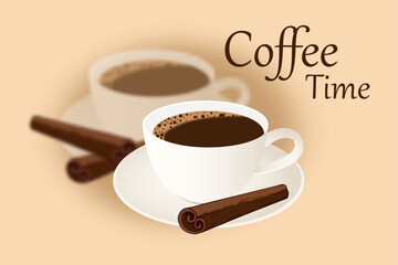 A cup of coffee and cinnamon sticks. Coffee time. The concept of lifestyle motivation. Decorative design for cafeteria, posters, banners, postcards. Vector illustration
