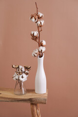 several branches with white cotton plant in white vase - autumn decoration on beige colored background,close up, negative space