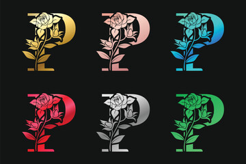Fototapeta premium Alphabet Letter P With Floral Design And Leaves Vector Design